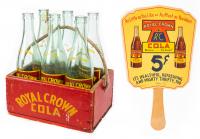 Royal Crown Cola Collection: Six Vintage Bottles (30's-40s) with Painted 5 Pyramids Label, Original Wooden Carrier, and Vintage