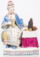 Meissen Porcelain: Woman at Vanity, Blue Crossed Swords Mark with Asterix Below Crosspieces and Bee Hive Etched in Glaze, 19th C