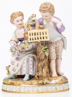 Charming Meissen Porcelain Figure of a Young Boy and Girl with Birdcage, Spectacular Artistry with Floral Garland