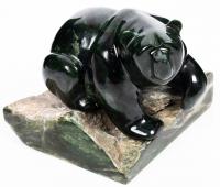 Fine, Handsome Marble Sculpture of a Bear in Dark Green Marble on a Custom, Rough Hewn Base