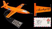 Chuck Yeager: Boldly Signed Wood Model of the X-1 and Signed Commemorative 25th Anniversary Cover, LOas by S. Zarelli