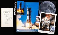 Four Unusually Sized and Signed Photos plus One Book: James Lovell Apollo 8 & 13, Alan Bean A-12 Edgar Mitchell A-14 & Al Worden