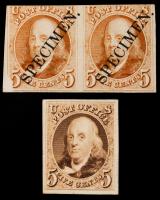 1847, 5Â¢ Plate Proof Pair & Reproduction Plate Proof
5Â¢ orange plate proof pair with "SPECIMEN" overprint (small scrape LL co