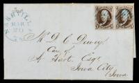 5Â¢ Pair On Attractive 1848 Folded Letter.
Blue grid cancellation sent from Nashville to Iowa City, stamps with margins all aro