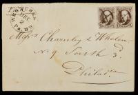 5Â¢, Two Singles on Folded Letter.
Manuscript cancellation, sent from Westchester, PA (well known Chernley & Whelan corresponde