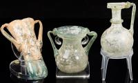 Set of Three Visually Appealing Ancient Roman Glass with Stands