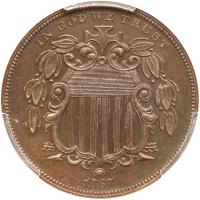 1867 Pattern Five Cents. Copper, plain edge. Judd-573a. Pollock-647. Rarity 8