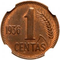 Lithuania. Centas, 1936 NGC MS63 RB - 2