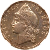 Dominican Republic. 5 Francos, 1891-A NGC About Unc - 2