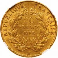 France. 20 Francs, 1852-A (Paris) NGC AU58 - 2