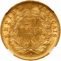 France. 20 Francs, 1859-A (Paris) NGC AU55 - 2
