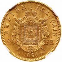 France. 20 Francs, 1866-A NGC MS62 - 2