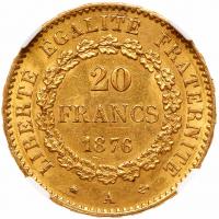 France. 20 Francs, 1876-A NGC MS61 - 2