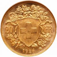 Switzerland. 20 Francs, 1926-B ANACS MS65 - 2