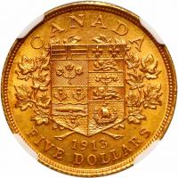 Canada. 5 Dollars, 1913 NGC Unc - 2