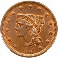 1840 N-1 R1 Small Date PCGS graded MS65 Brown, CAC Approved