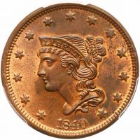 1840 N-5 R1 Large Date with Repunched 0 PCGS graded MS64 Red & Brown, CAC Approved