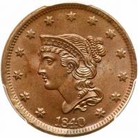 1840 N-5 R1 Large Date with Repunched 0 PCGS graded MS64 Brown, CAC Approved