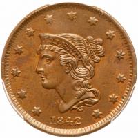 1842 N-2 R1 Small Date PCGS graded MS64 Brown, CAC Approved