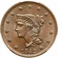 1842 N-5 R3+ Large Date PCGS graded MS64 Brown, CAC Approved