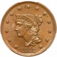 1842 N-9 R2 Large Date PCGS graded MS64 Brown, CAC Approved