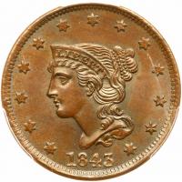 1843 N-11 R2- Petite Head, Small Ltrs PCGS graded MS65 Brown, CAC Approved