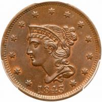 1843 N-12 R2 Petite Head, Small Ltrs PCGS graded MS65 Brown, CAC Approved