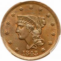 1843 N-15 R2+ Petite Head, Small Ltrs PCGS graded MS64 Brown, CAC Approved