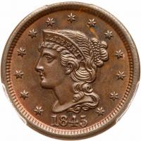 1845 N-10 R3- PCGS graded MS63 Brown, CAC Approved