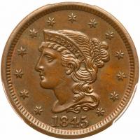 1845 N-13 R2+ PCGS graded MS63 Brown, CAC Approved