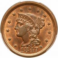 1847 N-1 R2 Repunched Date PCGS graded MS64 Red & Brown, CAC Approved