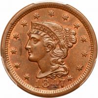 1847 N-1 R2 Repunched Date PCGS graded MS63 Brown, CAC Approved