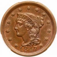 1847 N-14 R3+ PCGS graded MS62 Brown, CAC Approved