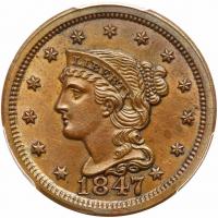 1847 N-22 R3+ PCGS graded MS62 Brown, CAC Approved