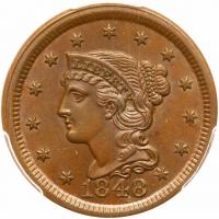 1848 N-2 R1+ Repunched 18 PCGS graded MS64 Brown, CAC Approved