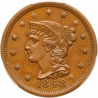 1848 N-20 R3 Repunched 48 PCGS graded MS62 Brown, CAC Approved