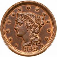 1849 N-17 R4 PCGS graded MS63 Red & Brown, CAC Approved