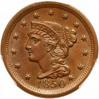 1850 N-2 R1 Repunched 1 PCGS graded MS63 Brown, CAC Approved