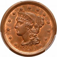 1850 N-21 R2+ PCGS graded MS65 Red & Brown, CAC Approved