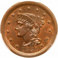 1851 N-1 R3 Repunched 18 PCGS graded MS64 Brown, CAC Approved