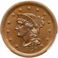 1851 N-1 R3 Repunched 18 PCGS graded MS64 Brown, CAC Approved