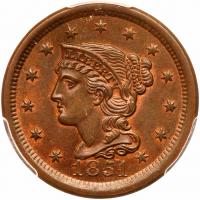 1851 N-7 R1 PCGS graded MS65 Brown, CAC Approved