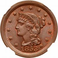 1853 N-3 R1 Repunched 185 NGC graded MS66 Brown, CAC Approved