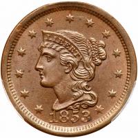 1853 N-10 R1 Repunched Date PCGS graded MS64 Brown, CAC Approved