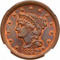 1853 N-15 R2 Repunched 5 NGC graded MS65 Brown, CAC Approved