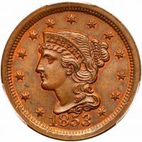 1853 N-17 R2 Repunched 1 PCGS graded MS65 Brown, CAC Approved