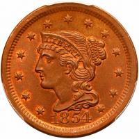 1854 N-12 R2 Repunched 1 PCGS graded MS65 Brown, CAC Approved