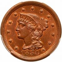 1854 N-20 R3 Stray 1 in Dentils PCGS graded MS64 Red & Brown, CAC Approved