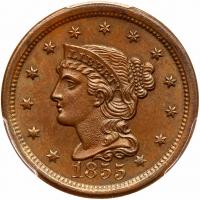 1855 N-1 R3 Upright 55 PCGS graded MS64 Brown, CAC Approved