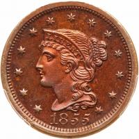 1855 N-10 R5 (as a Proof) Italic 55 PCGS PR Unc Details Cleaned